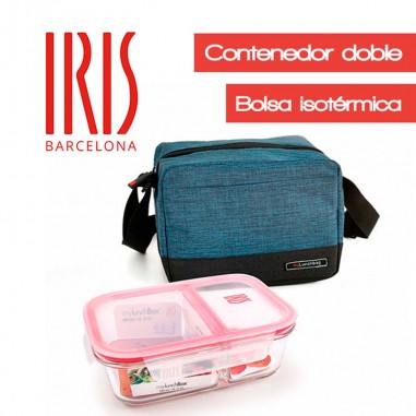 Bolsa Lunch Bag Real azul jaspeada con contenedor doble vidrio Iris
