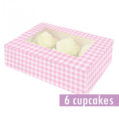 Caja cartón para 6 cupcakes vichy rosa  Casa Rex